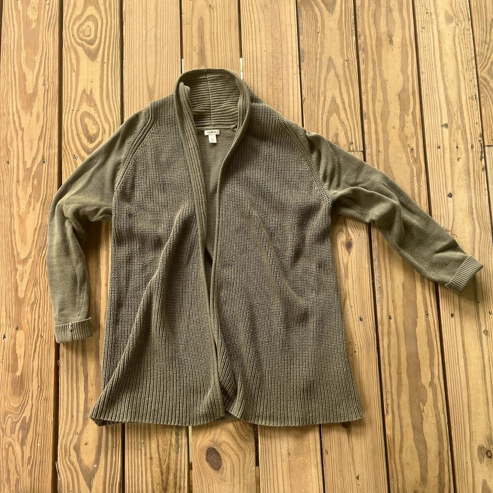 L.L. Bean 100% Cotton Olive Green Cardigan - Long w/ Open Front - Women's Large